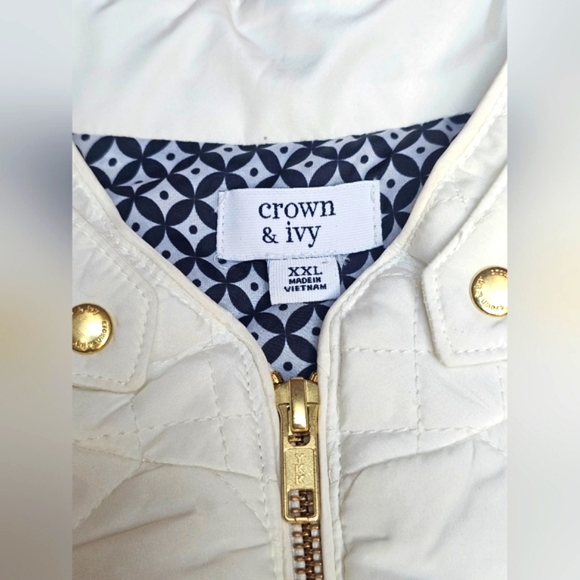 Crown & Ivy White Quilted Puffer Vest Gold Zip up w/ Zip Pockets Collar Size XXL - Picture 15 of 16